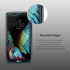 LG K10 Screen Protector | Invisible Defender - LG K10 Screen Protector - LG K10 phone with a screen protector, featuring a zoomed-in view of the smooth, rounded glass edge.