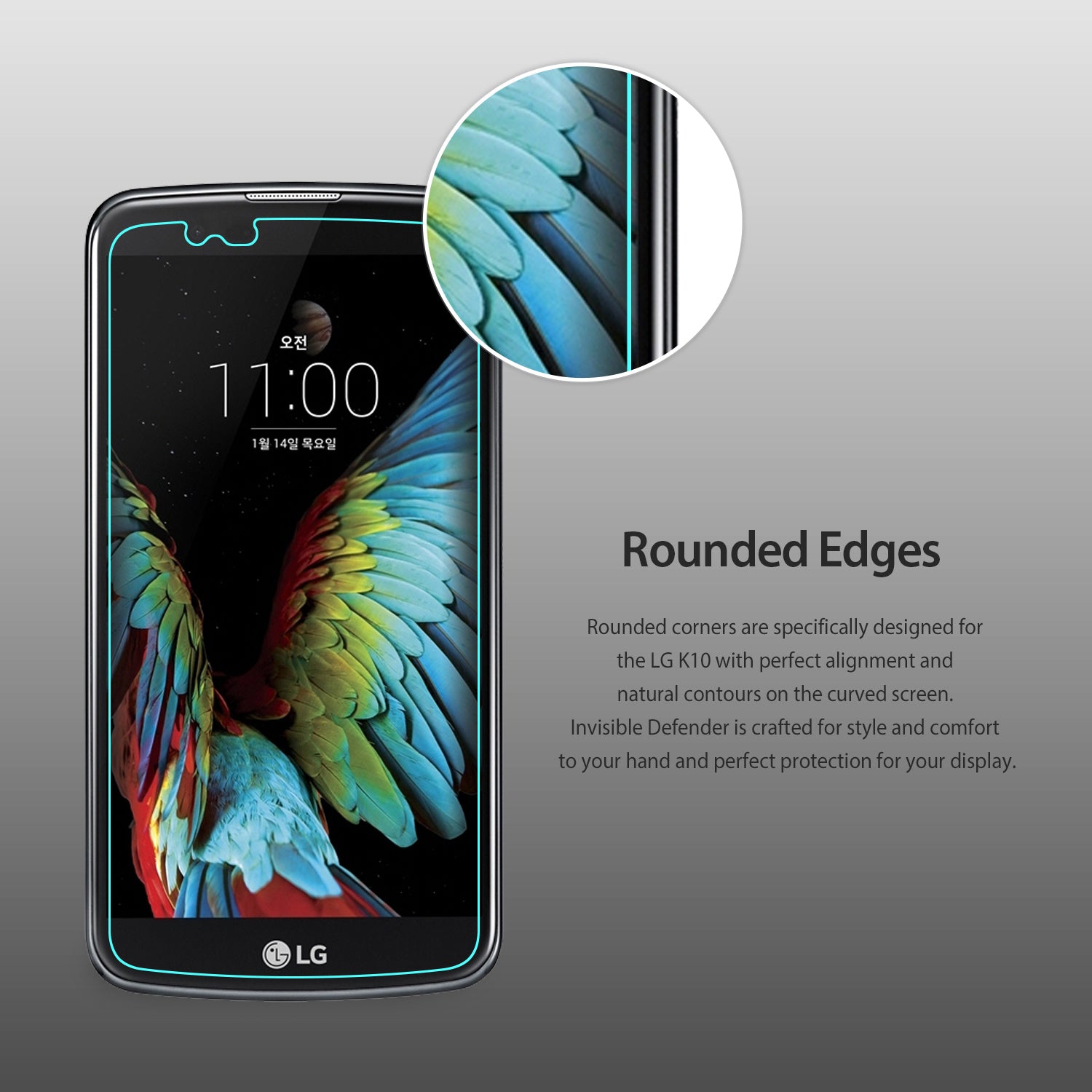 LG K10 Screen Protector | Invisible Defender - LG K10 Screen Protector - LG K10 phone with a screen protector, featuring a zoomed-in view of the smooth, rounded glass edge.