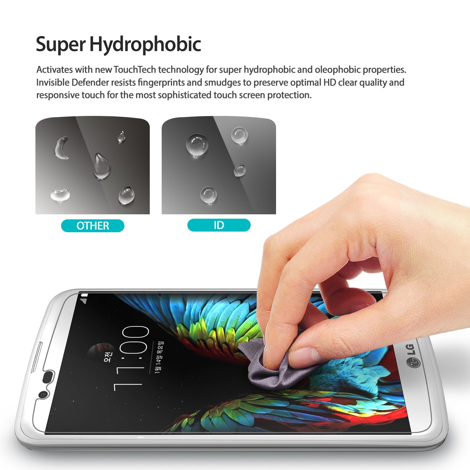LG K10 Screen Protector | Invisible Defender - LG K10 Screen Protector - Hand wiping an LG smartphone screen with a cloth, showing water droplets on protector surfaces.