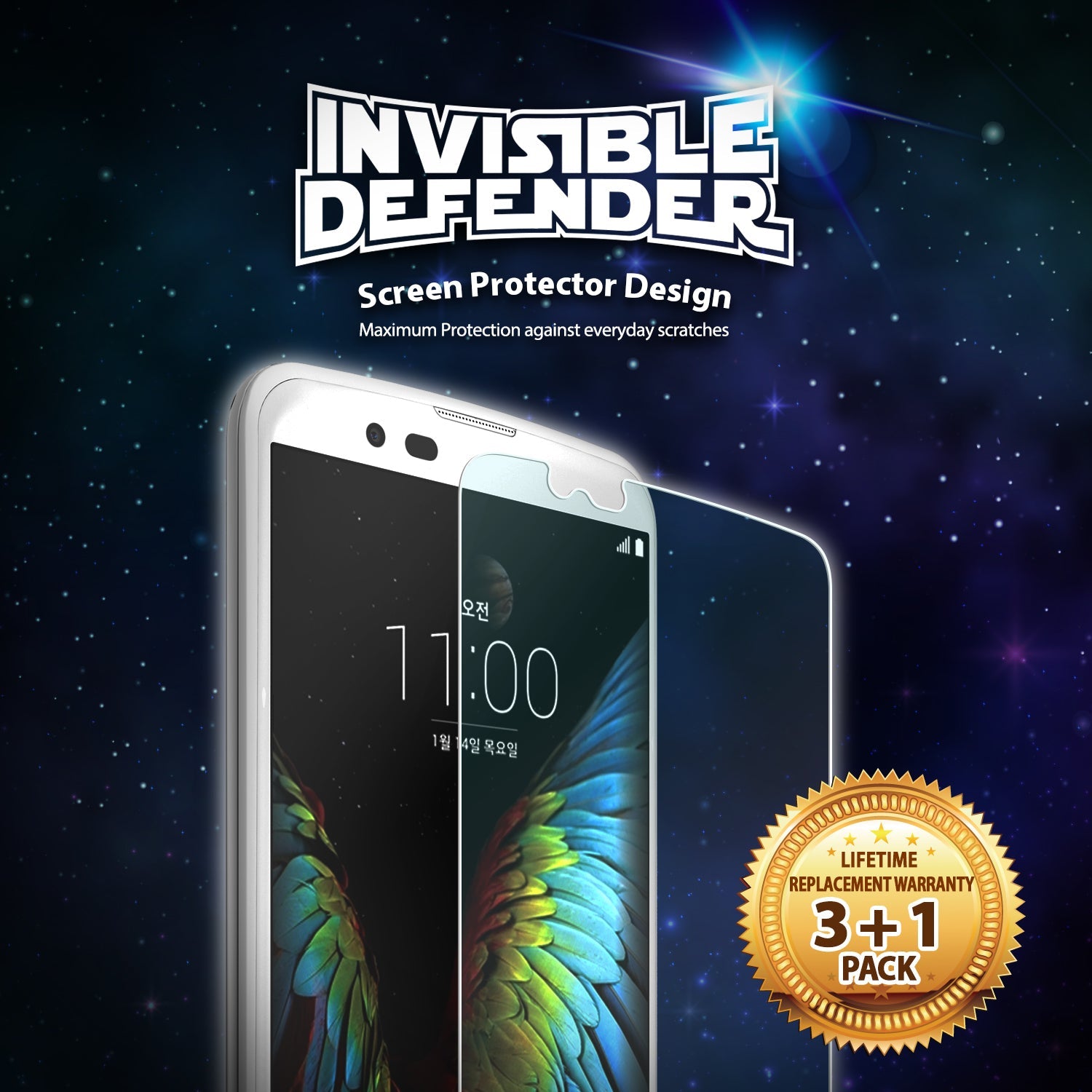 LG K10 Screen Protector | Invisible Defender - LG K10 Screen Protector - Invisible Defender film being applied to a smartphone against a starry space background.