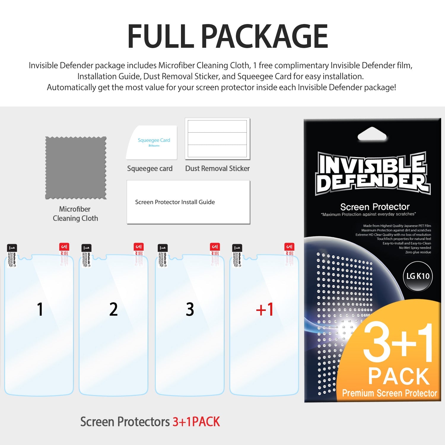 LG K10 Screen Protector | Invisible Defender - Package contents including four screen protectors, cloth, and tools.