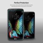 LG K10 Screen Protector | Invisible Defender - LG K10 Screen Protector - Two LG K10 smartphones showing a screen protector outline on a colorful parrot wing wallpaper.