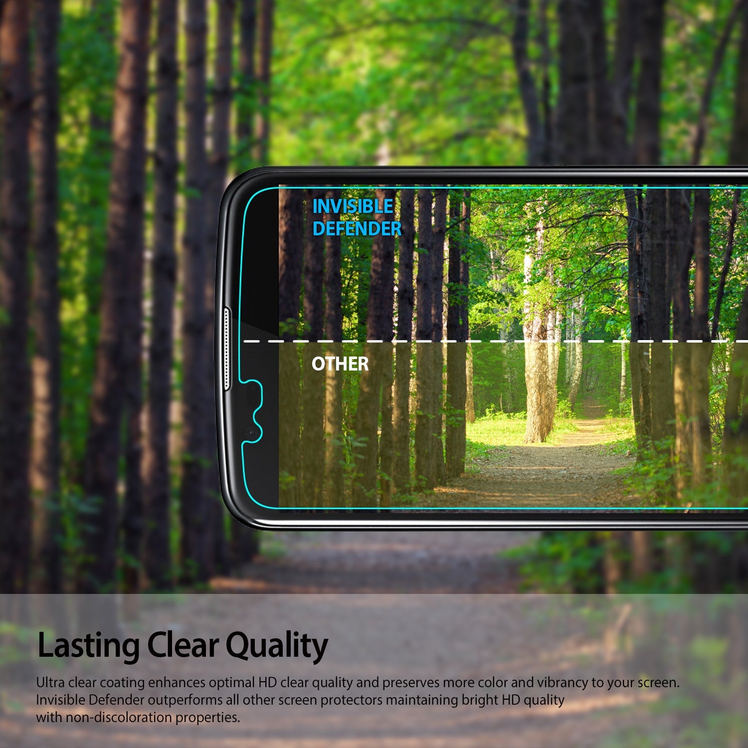 LG K10 Screen Protector | Invisible Defender - Comparison showing clear screen protector vs yellowed competitor.