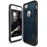 iPhone 7 Case | Flex S - Deep blue protective case with black carbon fiber accents shown from front and back angles.