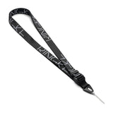 Design Lanyard Strap - Black fabric lanyard with white repeating Ringke logo, featuring a quick-release buckle and thin loop.