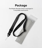 Design Lanyard Strap - Black patterned shoulder strap next to its clear, recyclable travel pouch packaging.