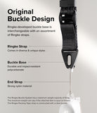 Design Lanyard Strap - Diagram showing a black Ringke lanyard with a durable buckle base and nylon end strap.