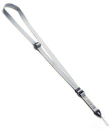 Design Lanyard Strap - Light blue and white striped adjustable lanyard with black plastic hardware and a thin attachment loop.