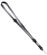 Design Lanyard Strap - A dark grey adjustable nylon lanyard with a black buckle, branded tag, and a thin loop attachment.