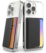 Card Holder | Side Slot - Two clear phone cases with black adhesive card holders attached, showing side and rear card access.