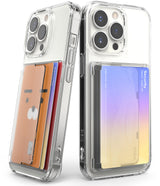 Card Holder | Side Slot - Two clear phone cases with side-loading card slots holding colorful security and character cards.