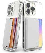 Card Holder | Side Slot - Two clear phone cases with white card holders attached, showing side-loading slots for multiple cards.