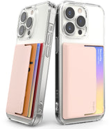 Card Holder | Side Slot - Two clear phone cases with attached light pink card holders, showing cards inserted from the side.