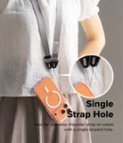 Design Shoulder Strap - Diagram showing a Ringke strap with a nylon end, polycarbonate buckle base, and durable fabric.