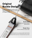Design Shoulder Strap - Hands clicking a buckle link onto a Ringke shoulder strap, with various strap styles on a desk.