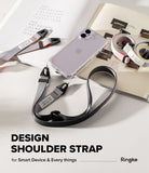 Design Shoulder Strap - A person wearing a light blue shirt with a phone on a grey shoulder strap, with text Go Hands-Free.