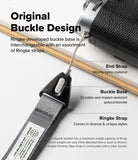 Design Shoulder Strap - Hands clicking a buckle link into a Ringke shoulder strap, with other strap options on the table.