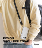 Design Shoulder Strap - A person wearing a black phone shoulder strap attached to a clear case with an orange smartphone.