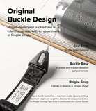 Design Shoulder Strap - Hands clicking a grey buckle link into a black strap connector on a white surface with other straps.