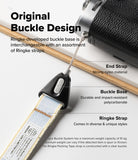 Design Shoulder Strap - Hands attaching a buckle link to a fabric strap with various colorful strap options on a table.