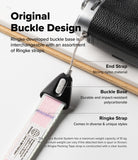 Design Shoulder Strap - Hands clicking a buckle link into a Ringke shoulder strap, with various strap styles on a desk.