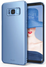 Galaxy S8 Case | Slim - Blue slim-fit phone case showing back camera cutout and screen with a woman in a blue hat.