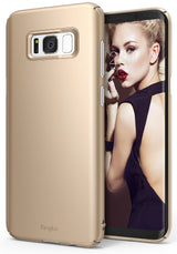 Galaxy S8 Case | Slim - Royal gold slim phone case on a Galaxy S8 displaying a woman in a black dress on the screen.