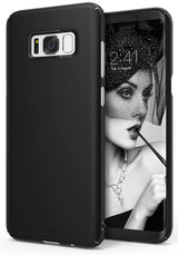 Galaxy S8 Case | Slim - Matte black phone case on a Galaxy S8 displaying a black and white portrait of a woman.