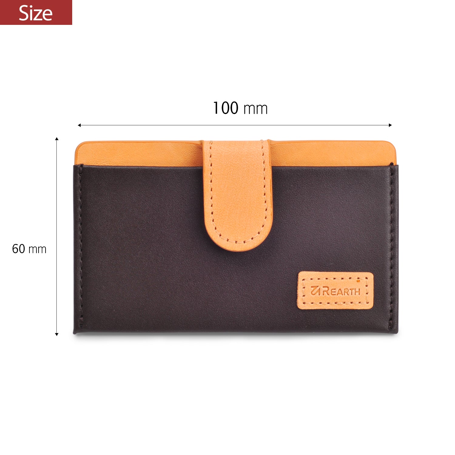 Ringke® Leather ID / Card Holder, 3M Adhesive Stick On Mini Wallet Attachment for All Phone Devices - Ringke® Leather ID / Card Holder - Brown and tan leather card holder with a 100mm by 60mm dimension diagram.