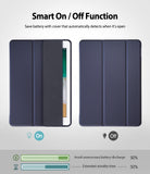 Smart Cover Apple Pencil Stand | iPad - A dark navy blue folio-style tablet case shown in two views on a light gray background, with text explaining a smart on/off function and battery savings. The left view shows the case partially open with a tablet visible inside, and the right view shows it closed.