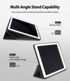 Smart Cover Apple Pencil Stand | iPad - An iPad shown in two stand positions on a light gray background, with text explaining multi-angle stand capability: typing angle at 30 degrees and multimedia consumption angle at 65 degrees.