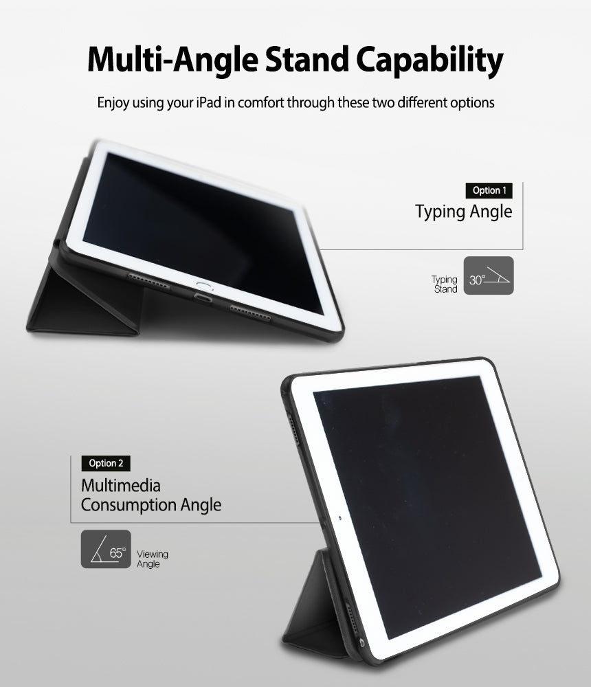 Smart Cover Apple Pencil Stand | iPad - An iPad shown in two stand positions on a light gray background, with text explaining multi-angle stand capability: typing angle at 30 degrees and multimedia consumption angle at 65 degrees.