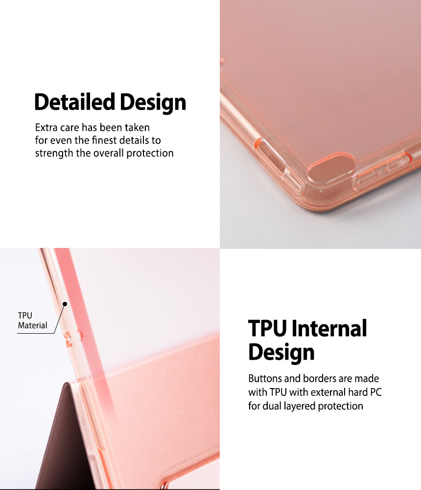 Smart Cover Apple Pencil Stand | iPad - A promotional product graphic showing a transparent pink phone case from multiple angles with text callouts reading 'Detailed Design' and 'TPU Internal Design,' plus a close-up of the case corner and side edge.