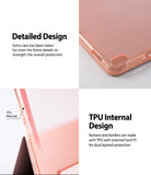 Smart Cover Apple Pencil Stand | iPad - A promotional product graphic showing a transparent pink phone case from multiple angles with text callouts reading 'Detailed Design' and 'TPU Internal Design,' plus a close-up of the case corner and side edge.