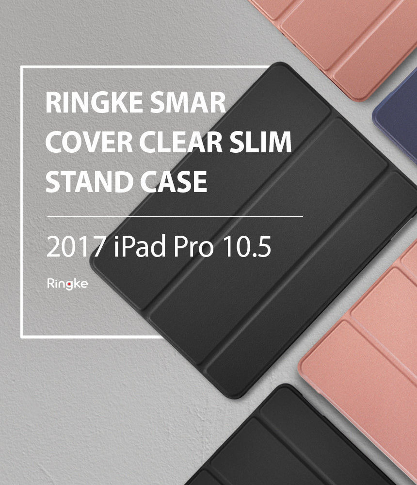 Smart Cover Apple Pencil Stand | iPad - A Ringke smart cover for iPad Pro 10.5 shown in black, with other color options in pink and blue partially visible around it on a light gray textured background.