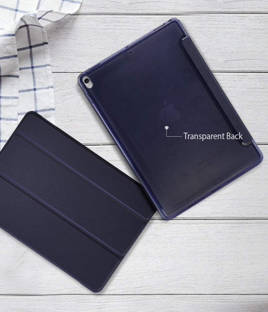 Smart Cover Apple Pencil Stand | iPad - A dark navy protective iPad case shown in two views on a white wood background, with one view displaying a transparent back and the text 'Transparent Back'.
