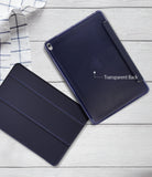 Smart Cover Apple Pencil Stand | iPad - A dark navy protective iPad case shown in two views on a white wood background, with one view displaying a transparent back and the text 'Transparent Back'.