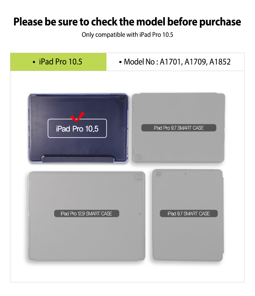 Smart Cover Apple Pencil Stand | iPad - Compatibility graphic for iPad Pro 10.5 smart cases, showing four gray tablet case mockups with model numbers A1701, A1709, A1852, and a dark blue case shown as the compatible device.