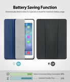 Smart Cover Apple Pencil Stand | iPad - A promotional graphic for a tablet folio case showing a blue and gray textured case on the left with a tablet partially inserted and the screen on, and a black closed case on the right. Text at the top reads 'Battery Saving Function' with smaller copy about automatic detection for maximum battery usage.
