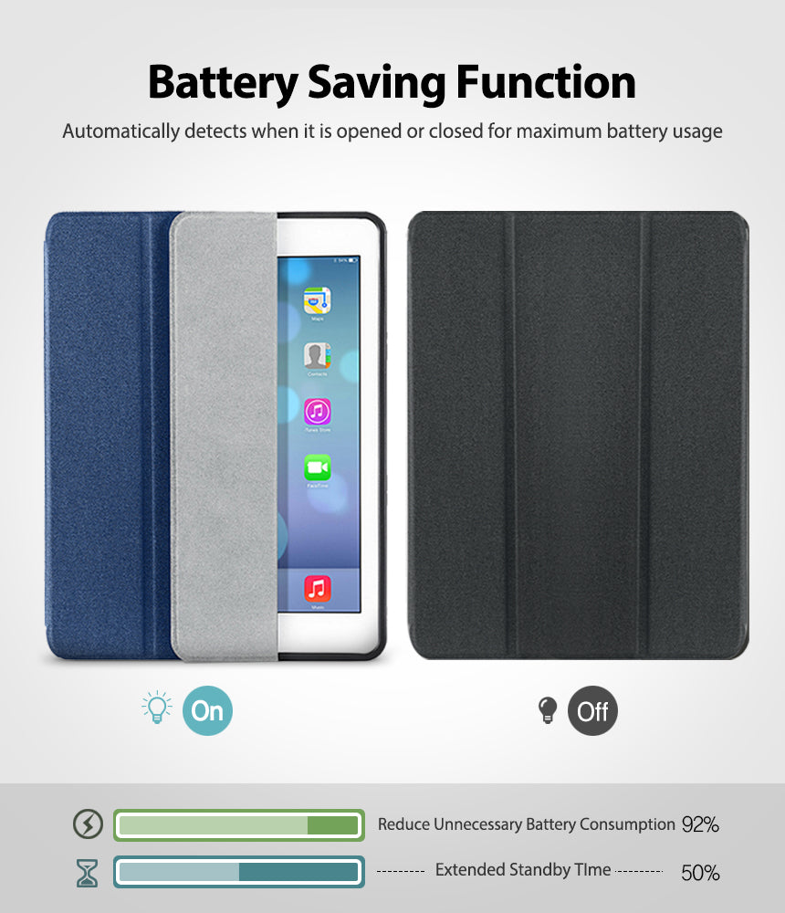 Smart Cover Apple Pencil Stand | iPad - A promotional graphic for a tablet folio case showing a blue and gray textured case on the left with a tablet partially inserted and the screen on, and a black closed case on the right. Text at the top reads 'Battery Saving Function' with smaller copy about automatic detection for maximum battery usage.