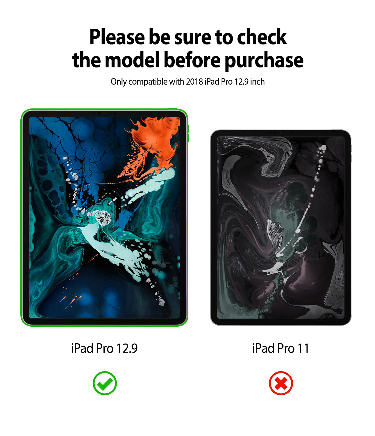 Smart Cover Apple Pencil Stand | iPad - Compatibility graphic stating 'Please be sure to check the model before purchase' and 'Only compatible with 2018 iPad Pro 12.9 inch.