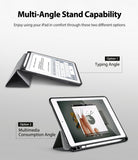 Smart Cover Apple Pencil Stand | iPad - A promotional graphic showing a tablet in a foldable case from two different stand angles, labeled 'Option 1 Typing Angle' and 'Option 2 Multimedia Consumption Angle,' with the headline 'Multi-Angle Stand Capability' at the top.