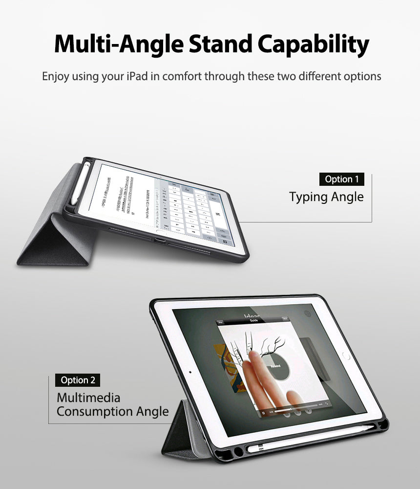 Smart Cover Apple Pencil Stand | iPad - A promotional graphic showing a tablet in a foldable case from two different stand angles, labeled 'Option 1 Typing Angle' and 'Option 2 Multimedia Consumption Angle,' with the headline 'Multi-Angle Stand Capability' at the top.