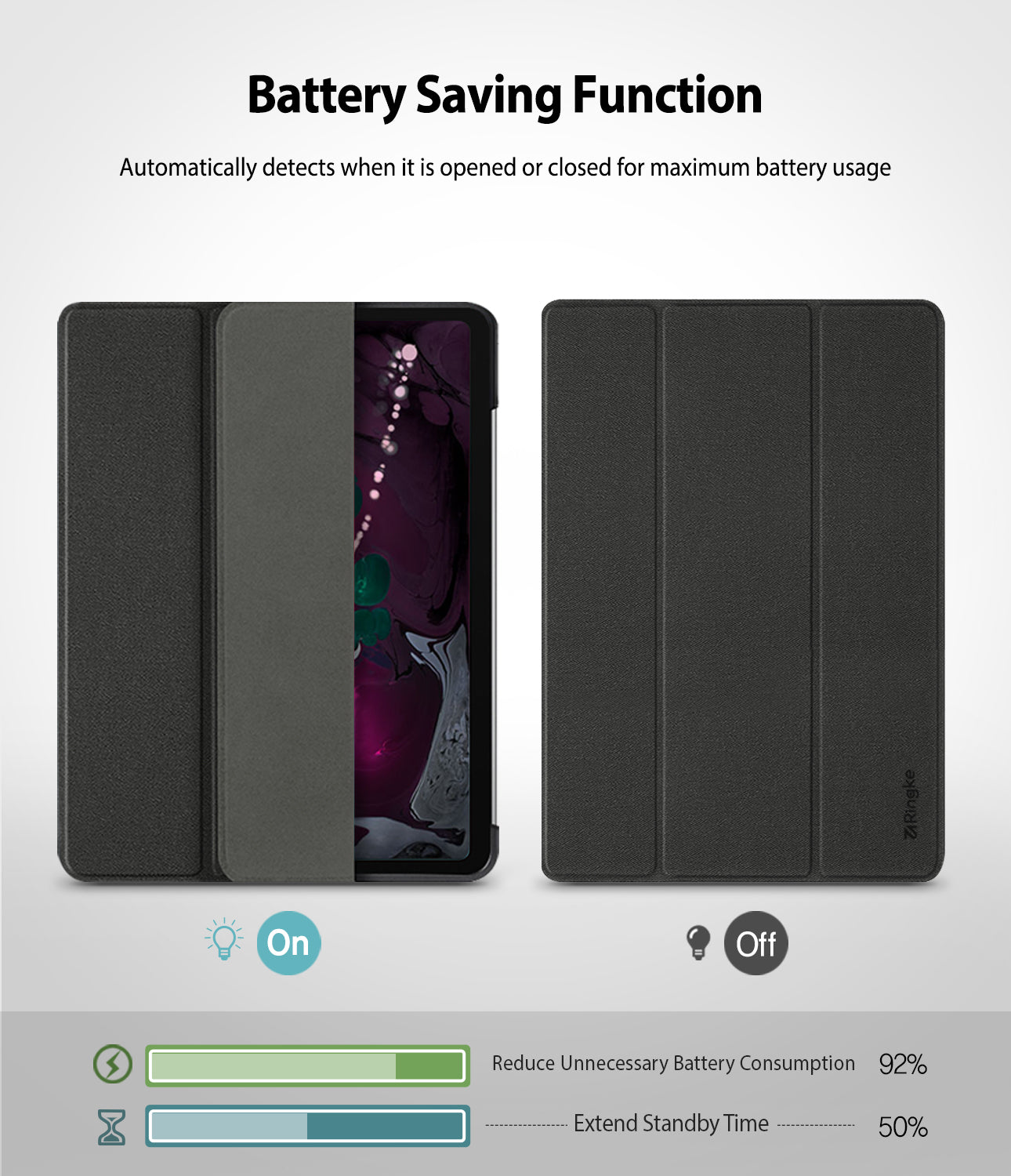 Smart Cover Apple Pencil Stand | iPad - A black folio-style smartphone case shown in two views on a light gray background, with text explaining a battery saving function. The left view shows the case open with a phone inserted, and the right view shows it closed in a tri-fold style.