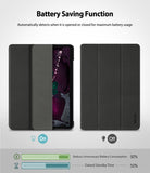 Smart Cover Apple Pencil Stand | iPad - A black folio-style smartphone case shown in two views on a light gray background, with text explaining a battery saving function. The left view shows the case open with a phone inserted, and the right view shows it closed in a tri-fold style.
