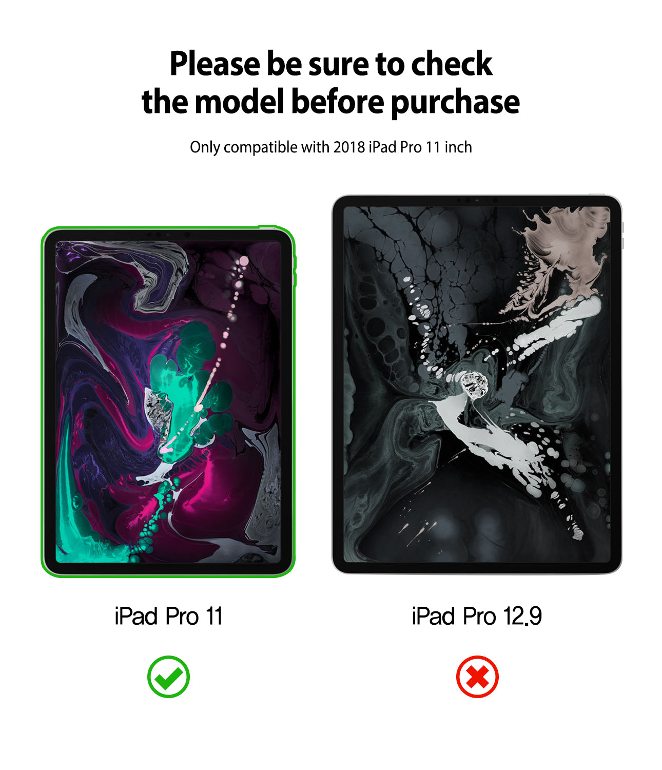 Smart Cover Apple Pencil Stand | iPad - Compatibility graphic showing two iPad screens: the left iPad Pro 11 with a green outline and a teal/purple wallpaper, marked with a green check, and the right iPad Pro 12.9 with a black outline and dark abstract wallpaper, marked with a red X.