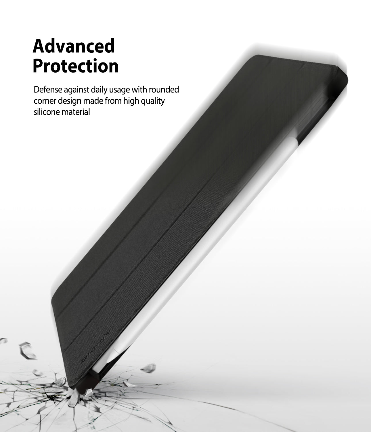 Smart Cover Apple Pencil Stand | iPad - A black smartphone case shown at an angle with marketing text reading 'Advanced Protection' and a cracked glass surface beneath the tip, indicating impact resistance.