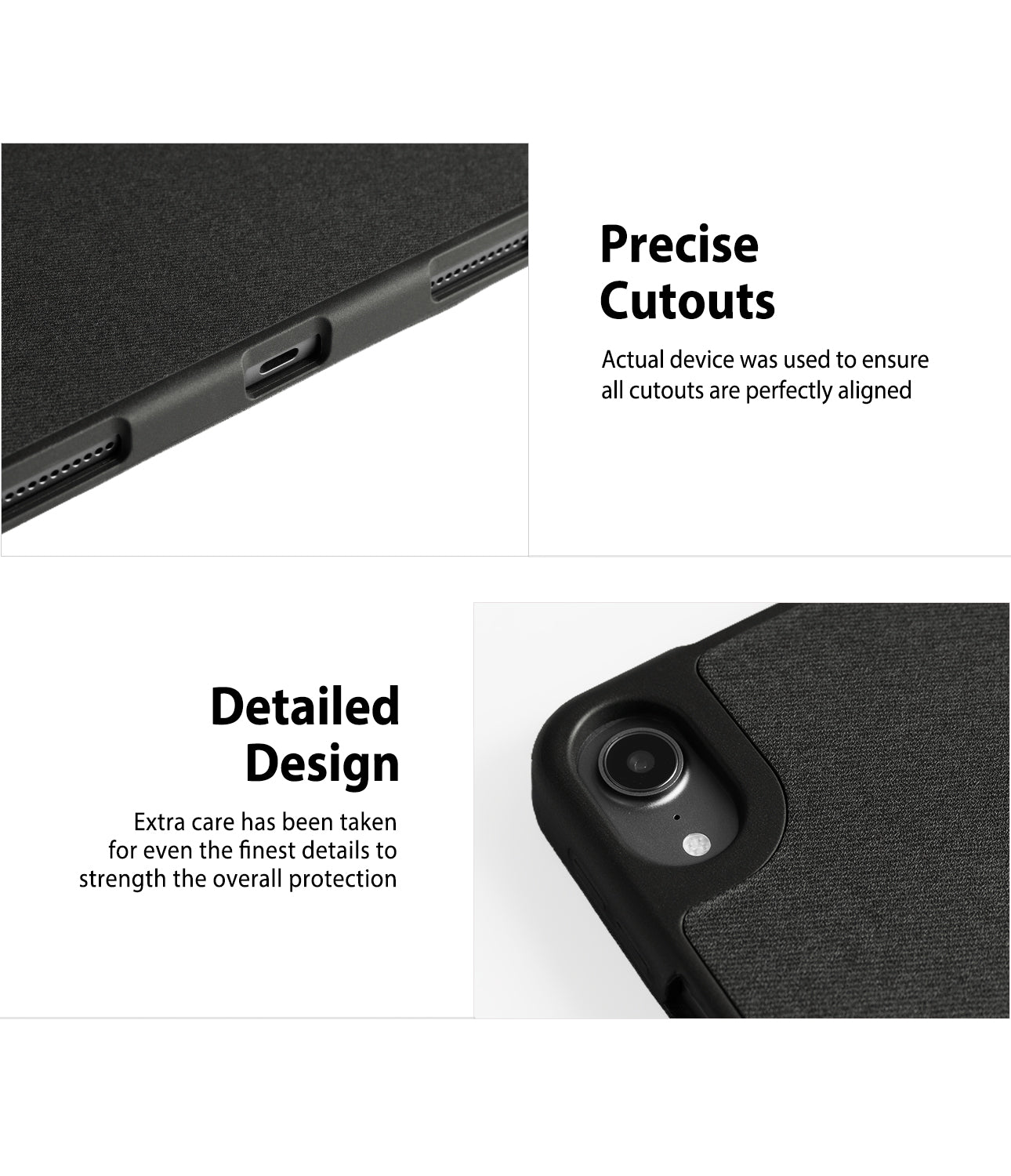 Smart Cover Apple Pencil Stand | iPad - A close-up product feature graphic showing a black textured phone case with cutout details. The top-left panel shows the side cutout with text reading 'Precise Cutouts,' and the bottom-right panel shows the camera cutout area with text reading 'Detailed Design.