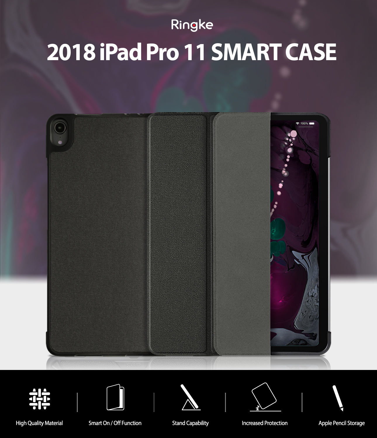 Smart Cover Apple Pencil Stand | iPad - Ringke 2018 iPad Pro 11 Smart Case shown in three views: closed, open, and with a phone inserted. The case is dark gray with a textured leather-like finish.