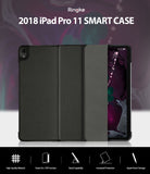 Smart Cover Apple Pencil Stand | iPad - Ringke 2018 iPad Pro 11 Smart Case shown in three views: closed, open, and with a phone inserted. The case is dark gray with a textured leather-like finish.